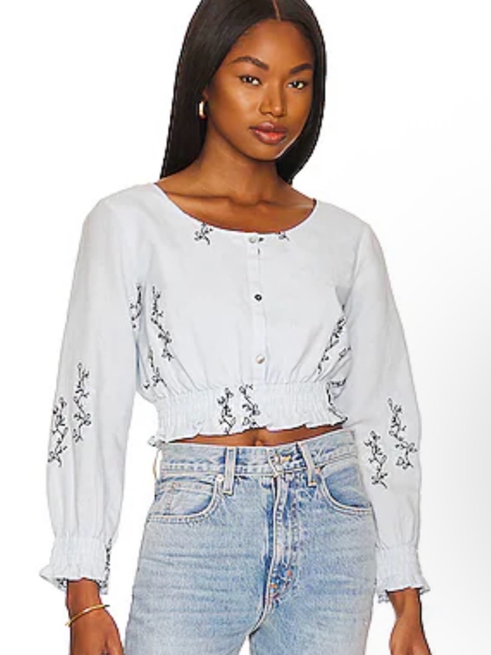 Something Navy Light Blue Embroidered Cropped Button Front Top